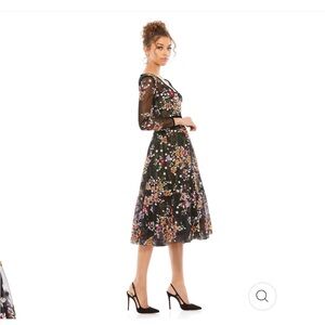 Mac Duggal black floral embroidered tea length dress size 0 NWT
